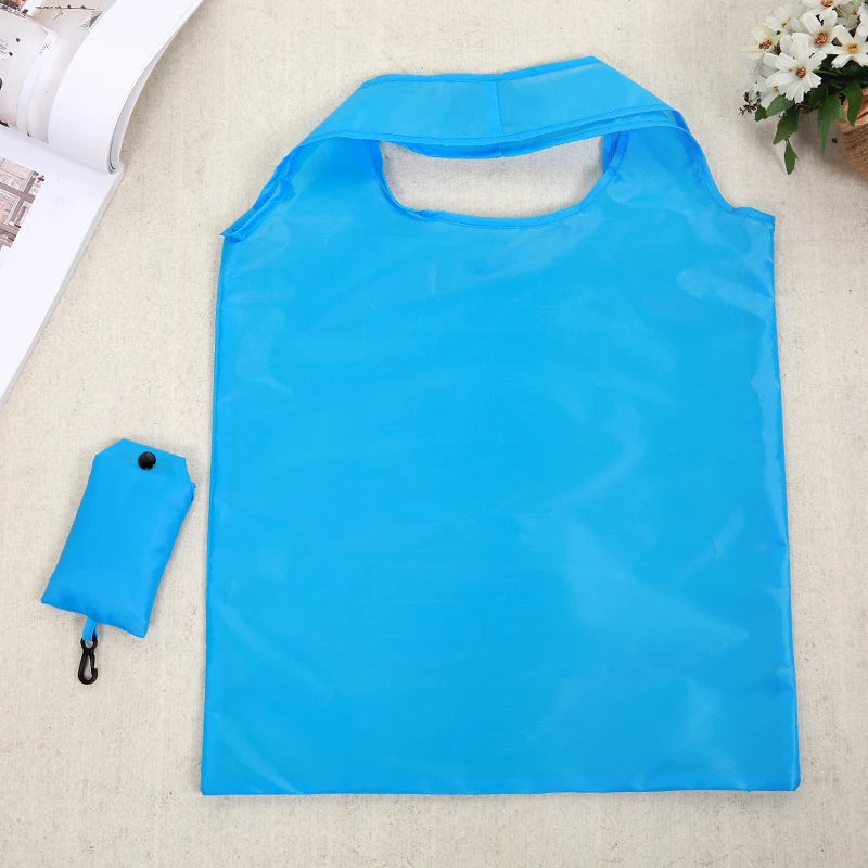 Shopping Bag Solid Color Eco-friendly Folding Reusable Portable Shoulder Handbag Polyester for Travel Grocery