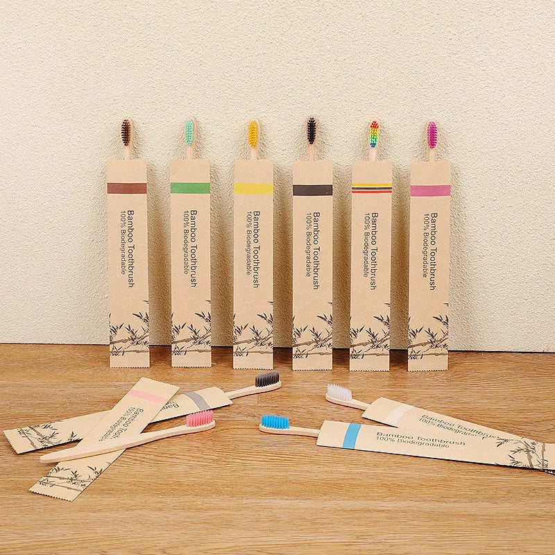 100pack Customized Laser Engraving Logo Bamboo Toothbrushes Portable Eco Friendly Adults Wooden Tooth Brush Hotel Supply product